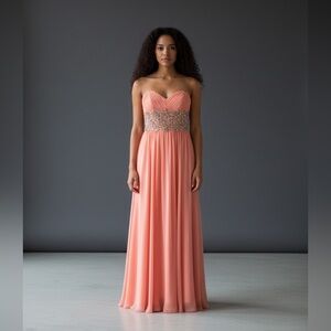 NWT Elegant Light Coral Women’s Strapless Formal Maxi Gown with Beaded Waist